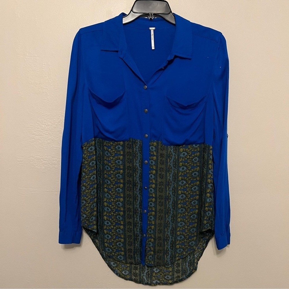 Free People Button Down Long Sleeve Color block Floral Tunic‎ Shirt Size Medium